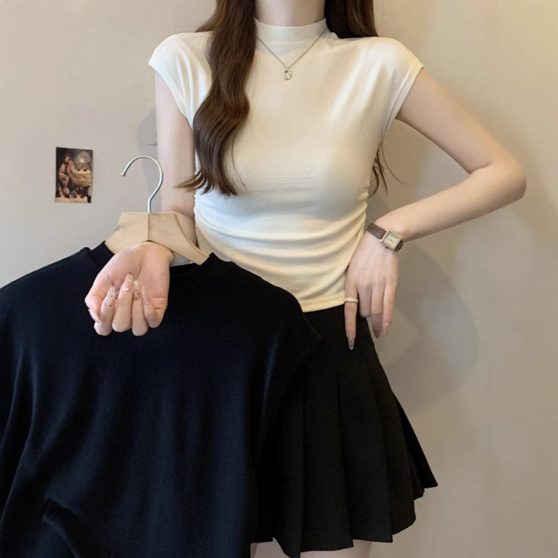 여성용 여름용 반팔 티셔츠, 슬림핏, 주름 디자인, 날개 소매, 작은 체형을 위한 짧은 상의, 단색, 슬림핏
