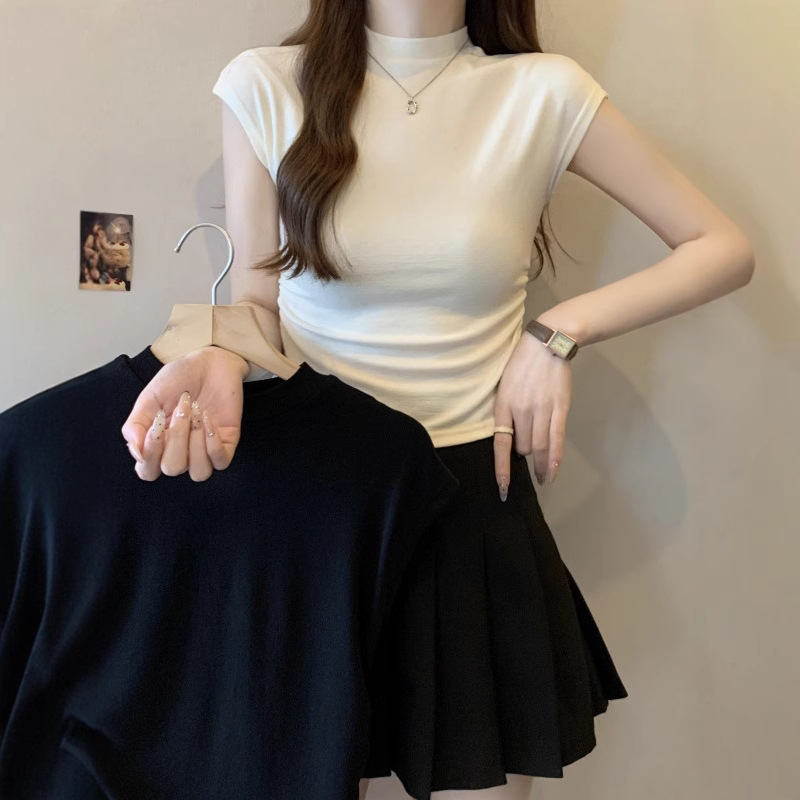 Women's Summer Short-Sleeve T-Shirt with Structured Shoulders, Slim-Fit Ruched Design, Flutter Sleeves, Petite Short Top, Solid Color, Slim Fit