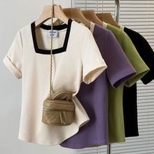 300斤大码女装胖mm夏装新款美式显瘦时尚百搭t恤方领正肩短袖上衣