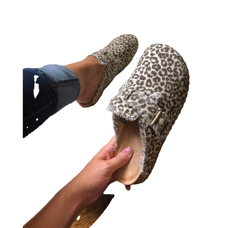 独立站跨境大码单鞋女2022春秋欧美新款豹纹半托单鞋懒人鞋豆