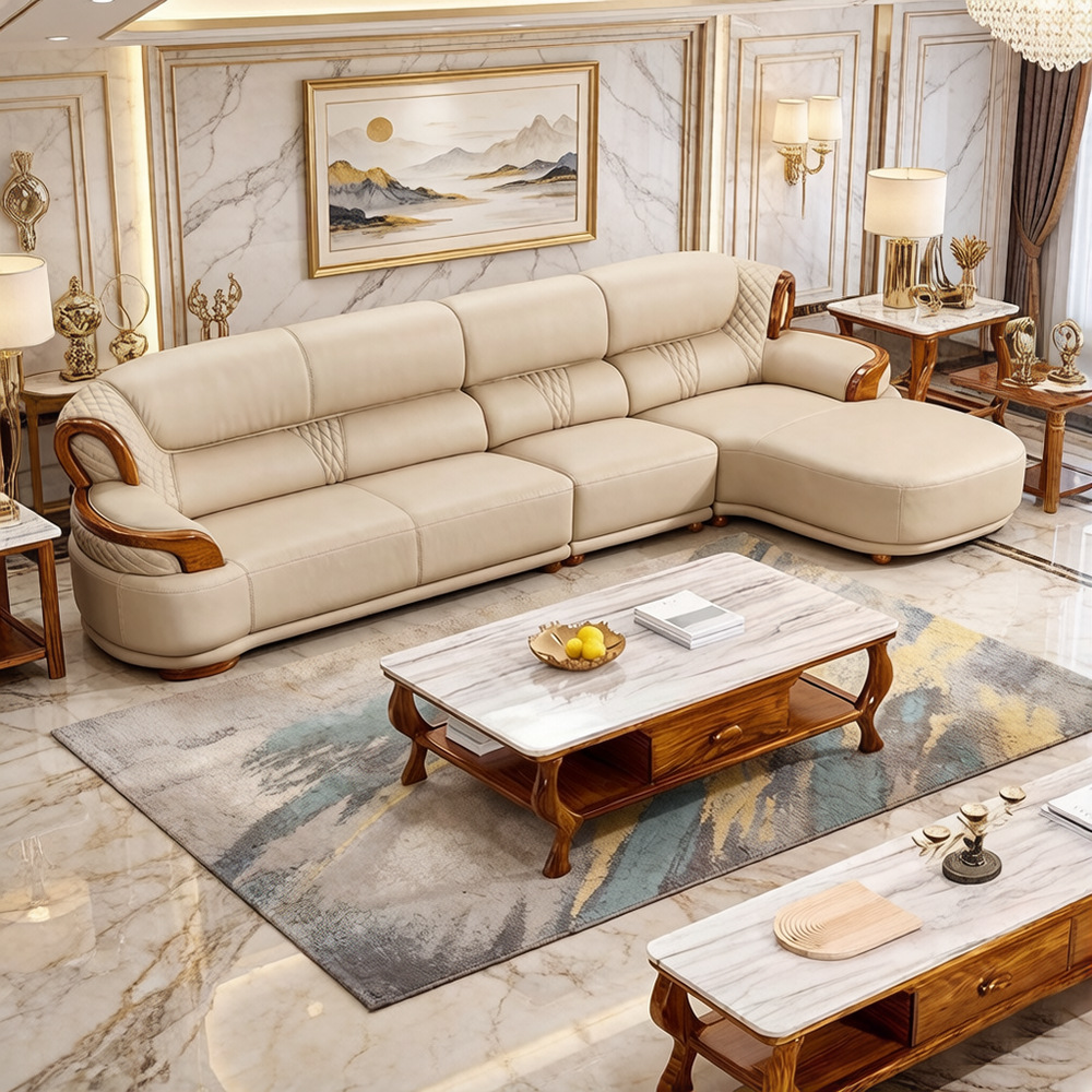 New Chinese Style Leather Sofa Top Layer Cowhide Ebony Italian Light Luxury Sofa Living Room 123 Combination U Solid Wood Furniture