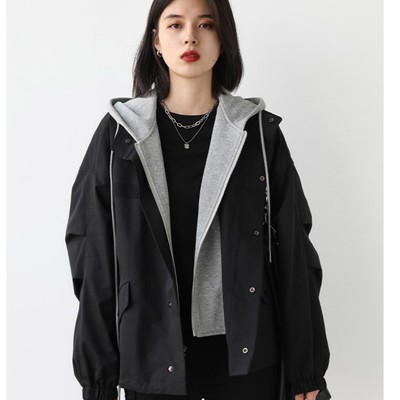 寬松小個子上衣女2021鹽系休閑假兩件短外套連帽薄棉夾克服女秋冬