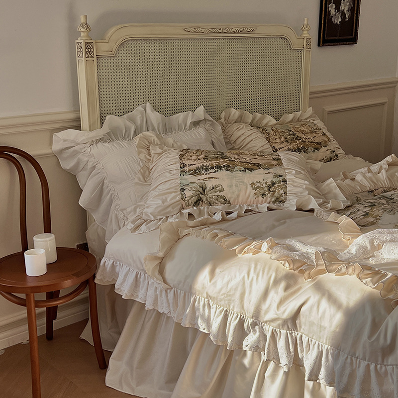 Nordic Vintage Four Piece Bedding Set Pure Cotton Princess Style_voghion.com