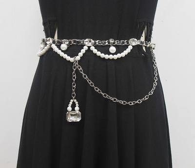 Europe and America fashion new pattern black and white Pearl letter Rhinestone love Waist chain belt temperament Girdle