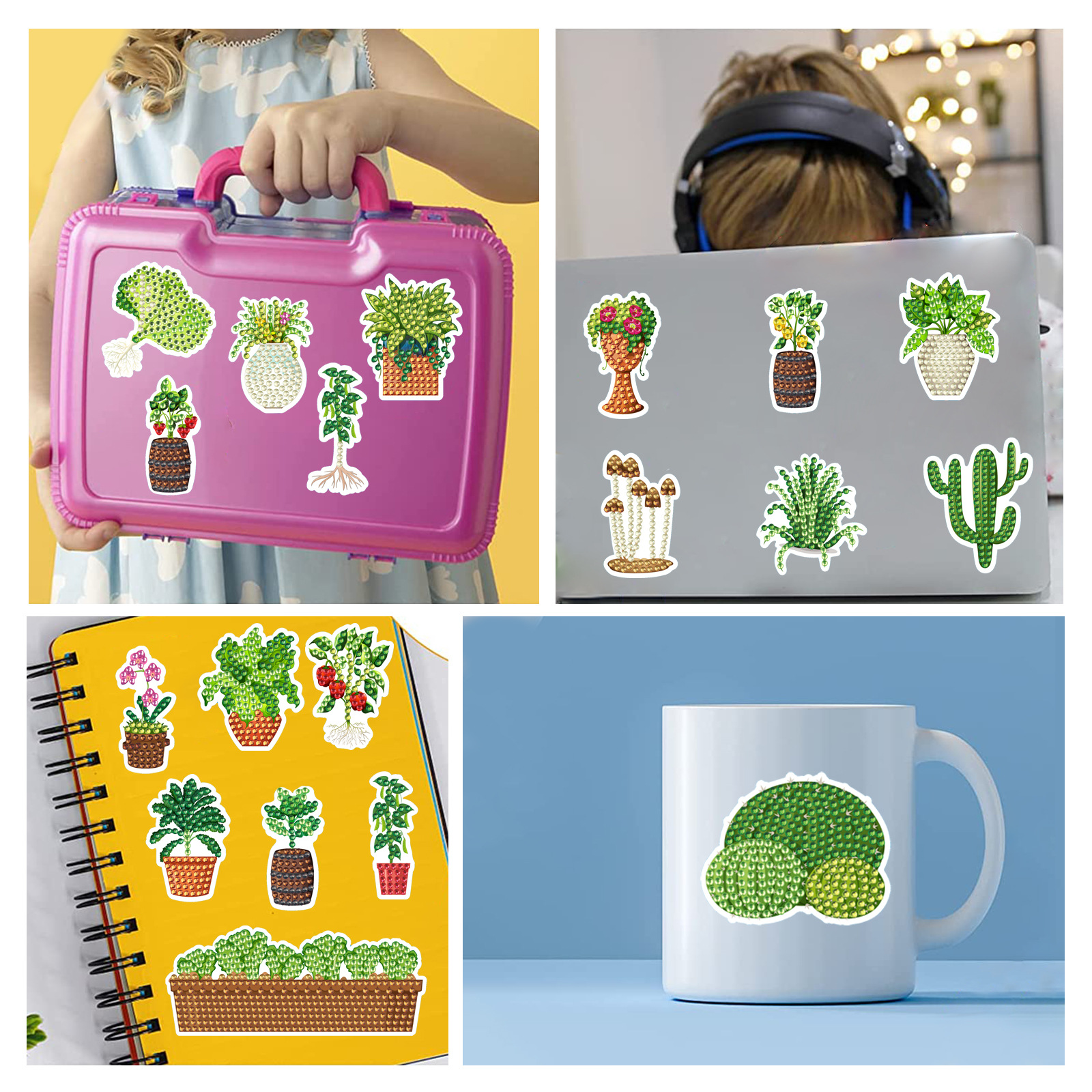 Venta caliente cactus planta en maceta diamante pintura libre pegatinas DIY pegatinas de pared pegatinas hechas a mano 5d cristal brillante diamante