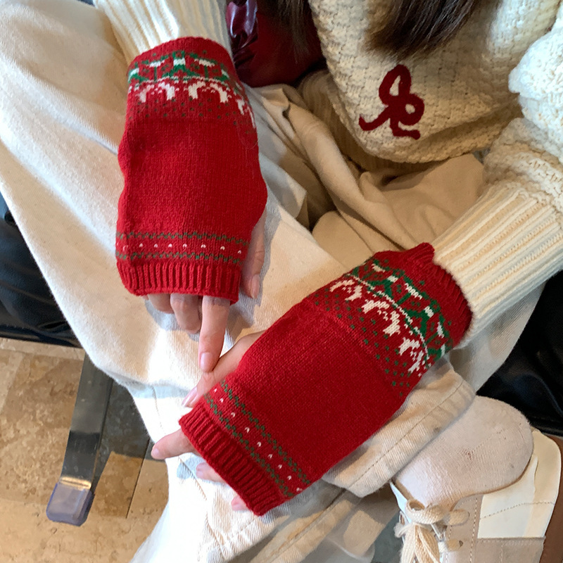 クリスマスの赤い取り外し可能な2つのジャカードのニットの毛糸の手袋の女性の秋冬の防寒の保温の騎乗はタッチパネルができます。|undefined