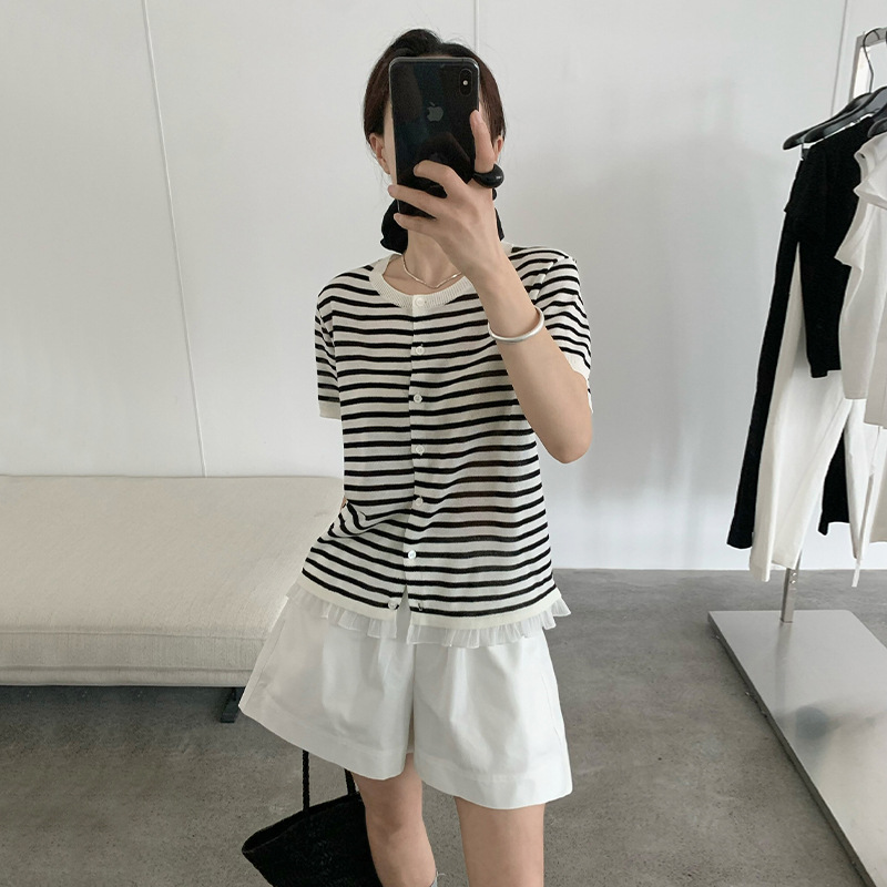 TG small fresh lotus leaf lace stitching single breasted sweater women's 2025 summer new short sleeve top 24858