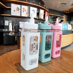 Wholesale square straw plastic sports water bottle high-looking square cup double-layer convenient handle kettle cross-border e-commerce