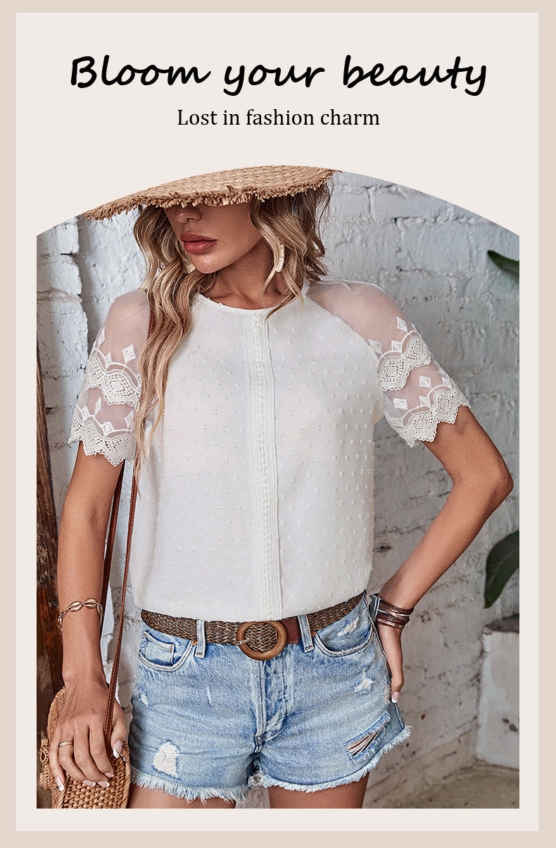 Kurzärmliges, durchsichtiges Design-Hemd mit Spitzenspleißung_voghion.com