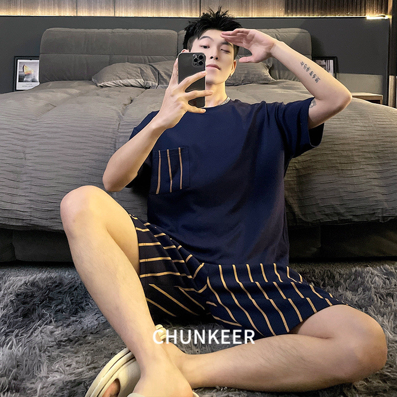 Summer Pajamas Men's Cotton Short-sleeved suit Summer Casual Thin Home Clothes suit Outer-Wearing Shorts Cross-border