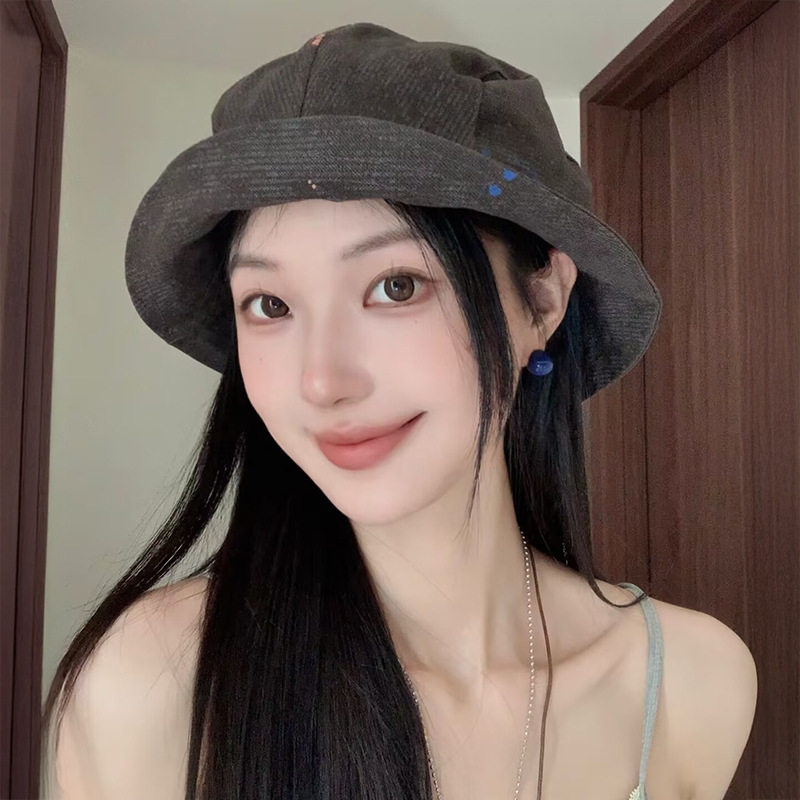 日系复古小众设计点点涂鸦褶皱渔夫帽女春秋休闲百搭显脸小盆帽潮|undefined