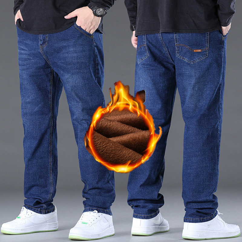 Aliexpress Export Popular Fat Men's Large Size Winter Velvet Thickeneded Straight Men's Elastic Casual Warm Jeans