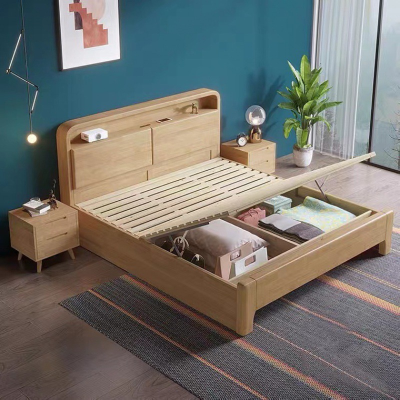 Cama nórdica de madera maciza Cama doble de 1,8 m Cama principal de 1,5 m con luz nocturna Habitación de alquiler simple Apartamento pequeño Cama de 1,2 m