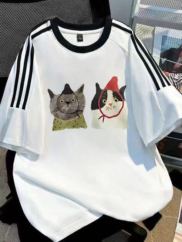 厚手の純綿白スリーストライプス半袖Tシャツレディース2025年夏新作オーバーサイズルーズインナートップ|undefined