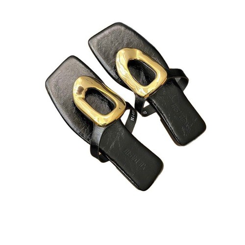 2025 New Square Toe Open-Toe Human Word Outerwear Compatible Toe Slip-On Casual Flat Metal Button Minority Sandals Summer