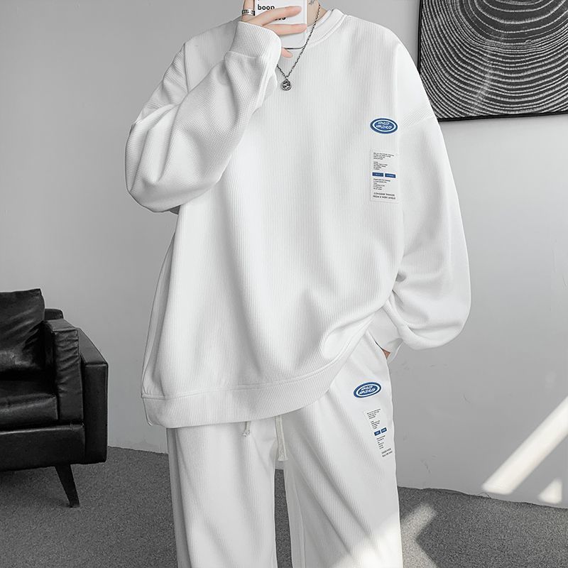 Cross-border label waffle knit casual sportswear set men's hoodie, cool and stylish streetwear brand, plus size for spring and autumn.