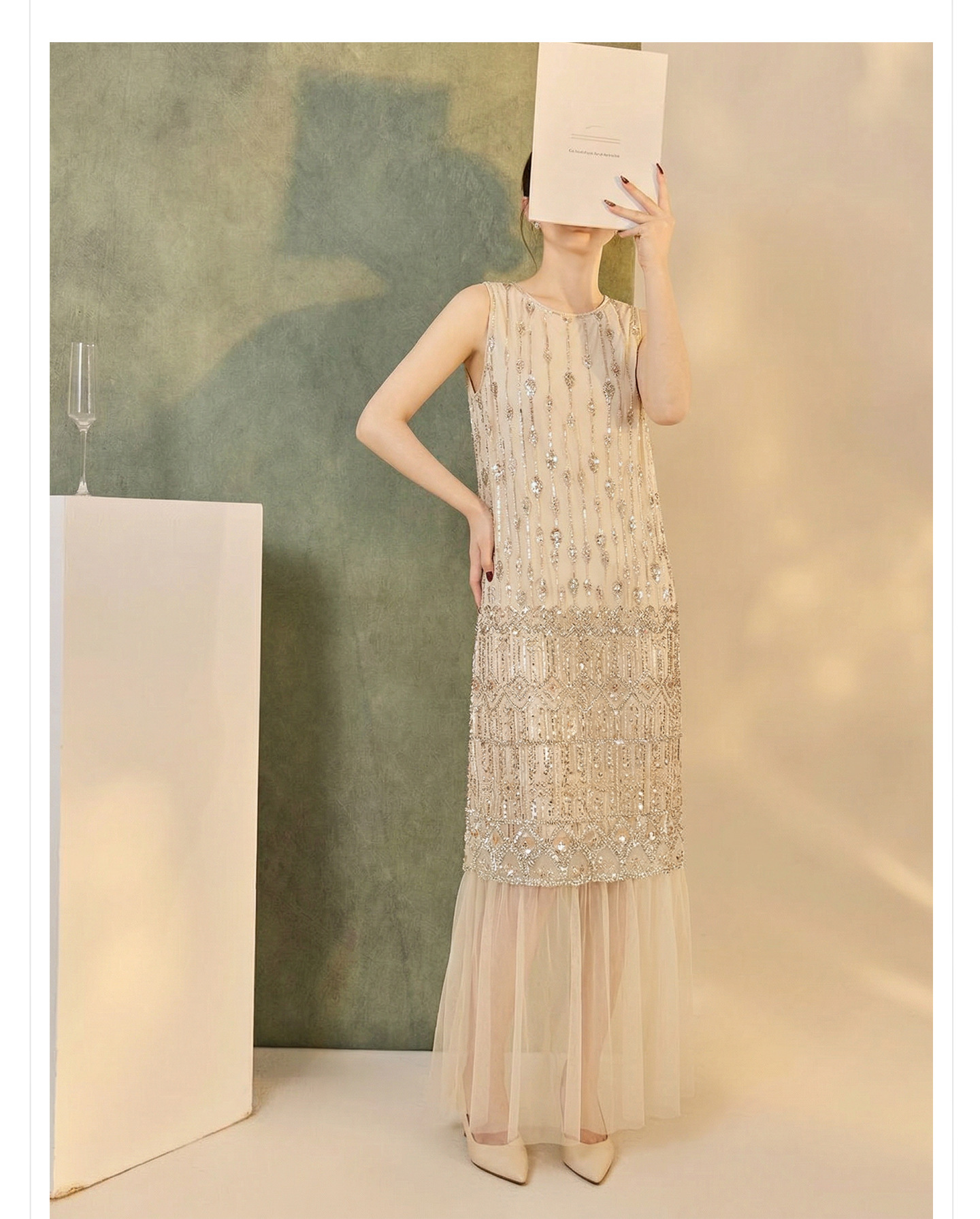 Đầm suông nữ midi phong cách Guofeng tay không sequin cao cấp — màu trắng ngà chi tiết 10