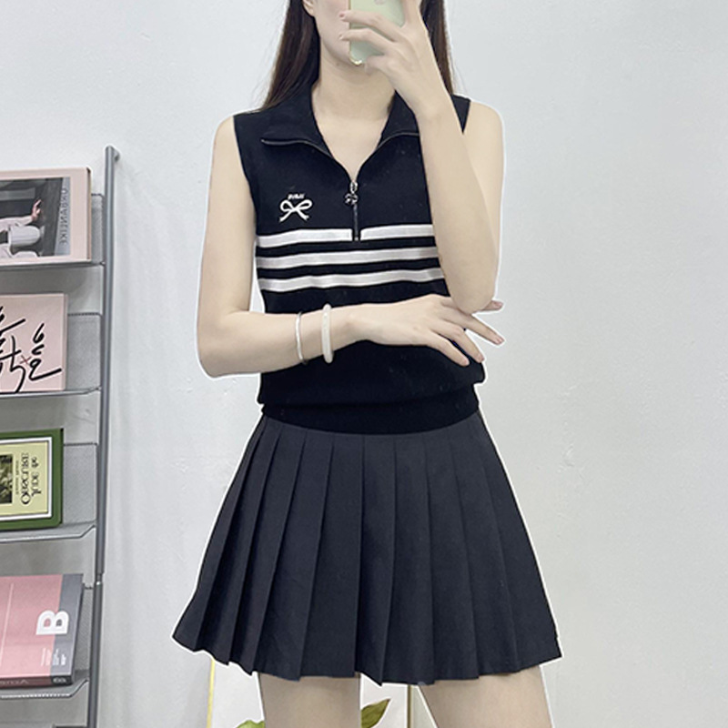 Cross-Border Women's Clothing 24 Summer New Hong Kong Style Versatile Sports Striped Lapel Sleeveless Zipper Pullover Knit Top