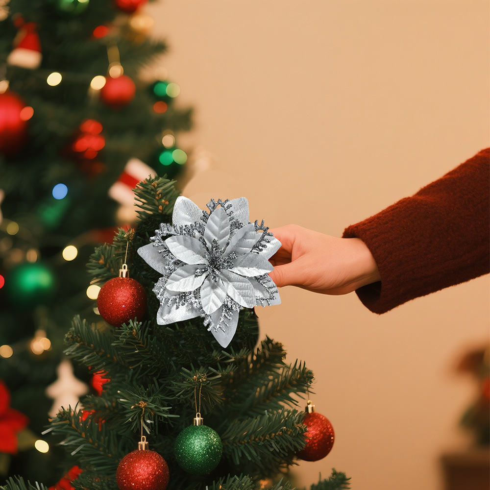 Polvo de oro transfronterizo de alta gama flor de Navidad polvo de oro tridimensional de tres capas flor de Navidad decoración de árbol de Navidad decoración de guirnalda al por mayor