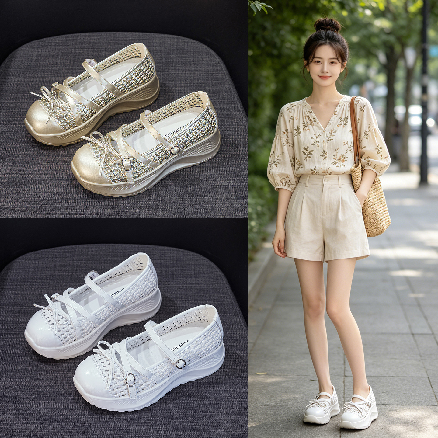 Giày sneaker nữ chunky đế dày dệt kim thoáng khí, phong cách Hàn Quốc, quai chéo, đế dày — Trắng 5097, Vàng 5097, Đen 5097