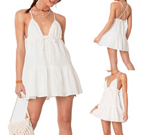 2023亞馬遜歐美新款性感吊帶無袖V領A字裙高腰單件系帶純色連衣裙