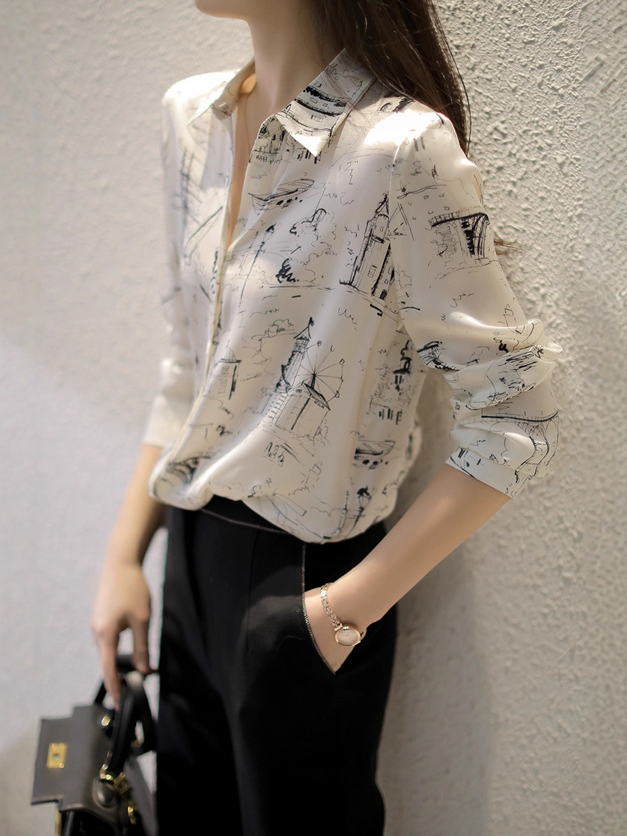 Áo sơ mi nữ dài tay chất satin twill họa tiết sketch phong cách Pháp — trắng