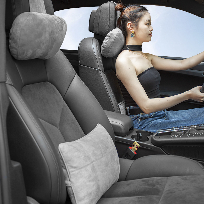 Car headrest, S-shaped suede plush cushion, in-car memory foam, high-elastic soft lumbar support, car-mounted neck pillow