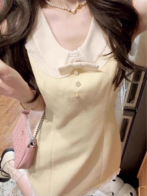 法式气质小香风娃娃领无袖连衣裙女夏季收腰显瘦富家千金黄色短裙|undefined