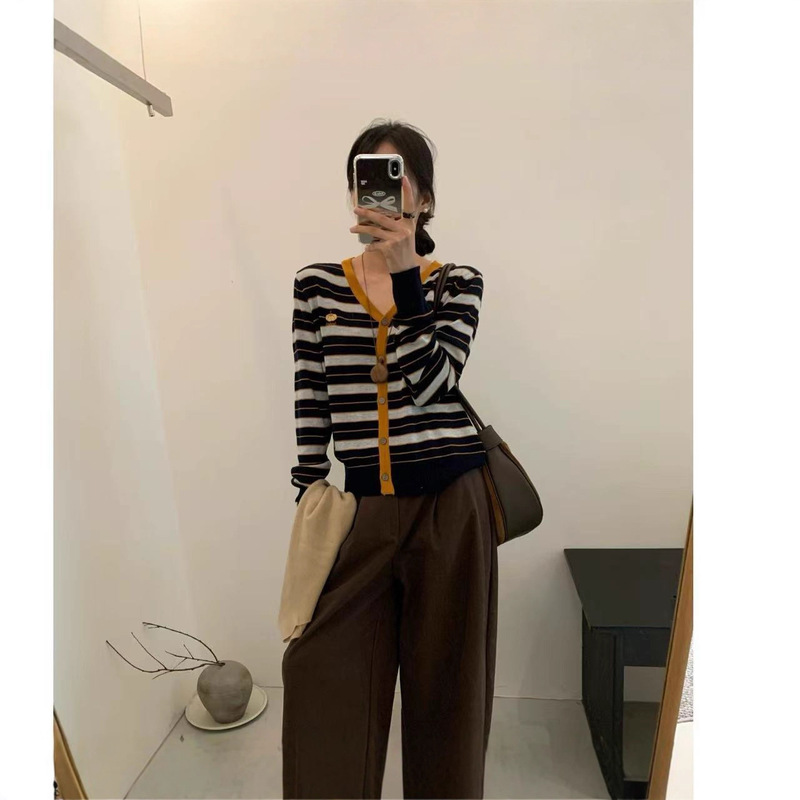 2025秋季新款韩版宽松显瘦百搭V领长袖针织衫女毛衣上衣条纹开衫|undefined