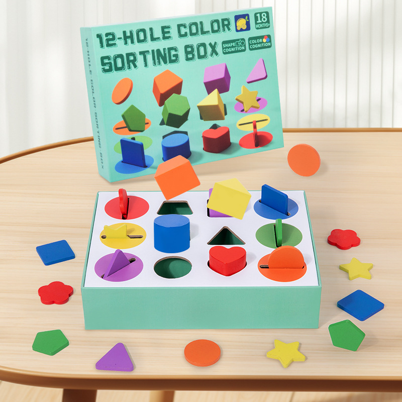 Weiweihu Children's Montessori Cross-border madera de doce agujeros caja de clasificación de formas de color bloques de construcción rompecabezas juguetes de partículas grandes