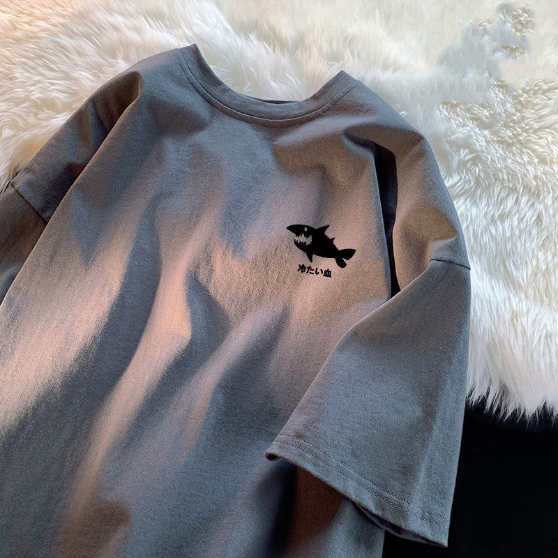 Trendy brand autumn men's short-sleeved T-shirt men's cotton round neck plus size fat loose short-sleeved purplish blue