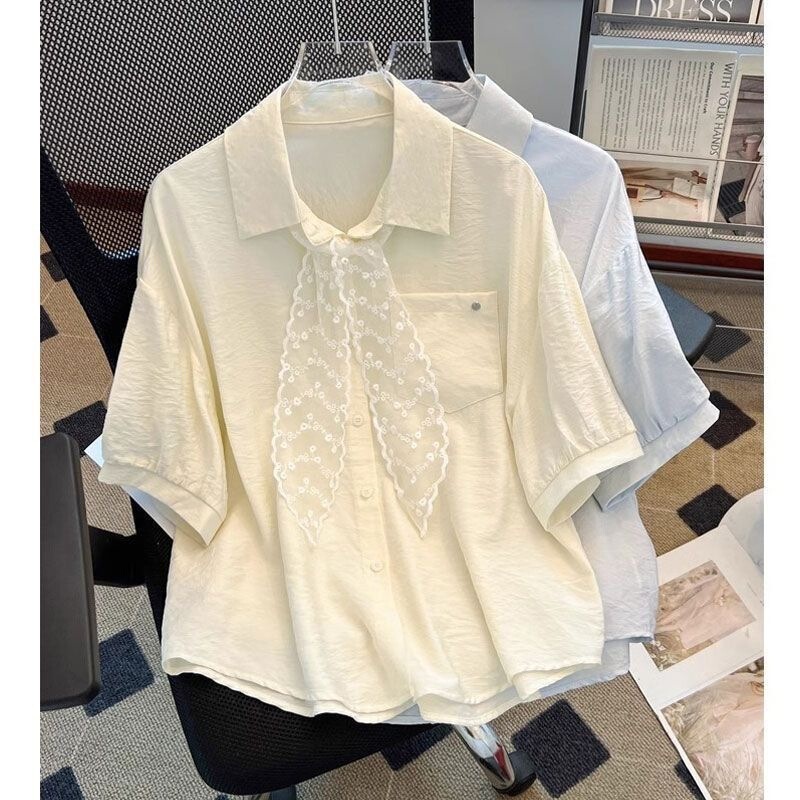 Summer New Style Shawl Short-Sleeve Shirt with Tie Design 2026 French Lace Stylish Commuter Top Blouse in Apricot Color