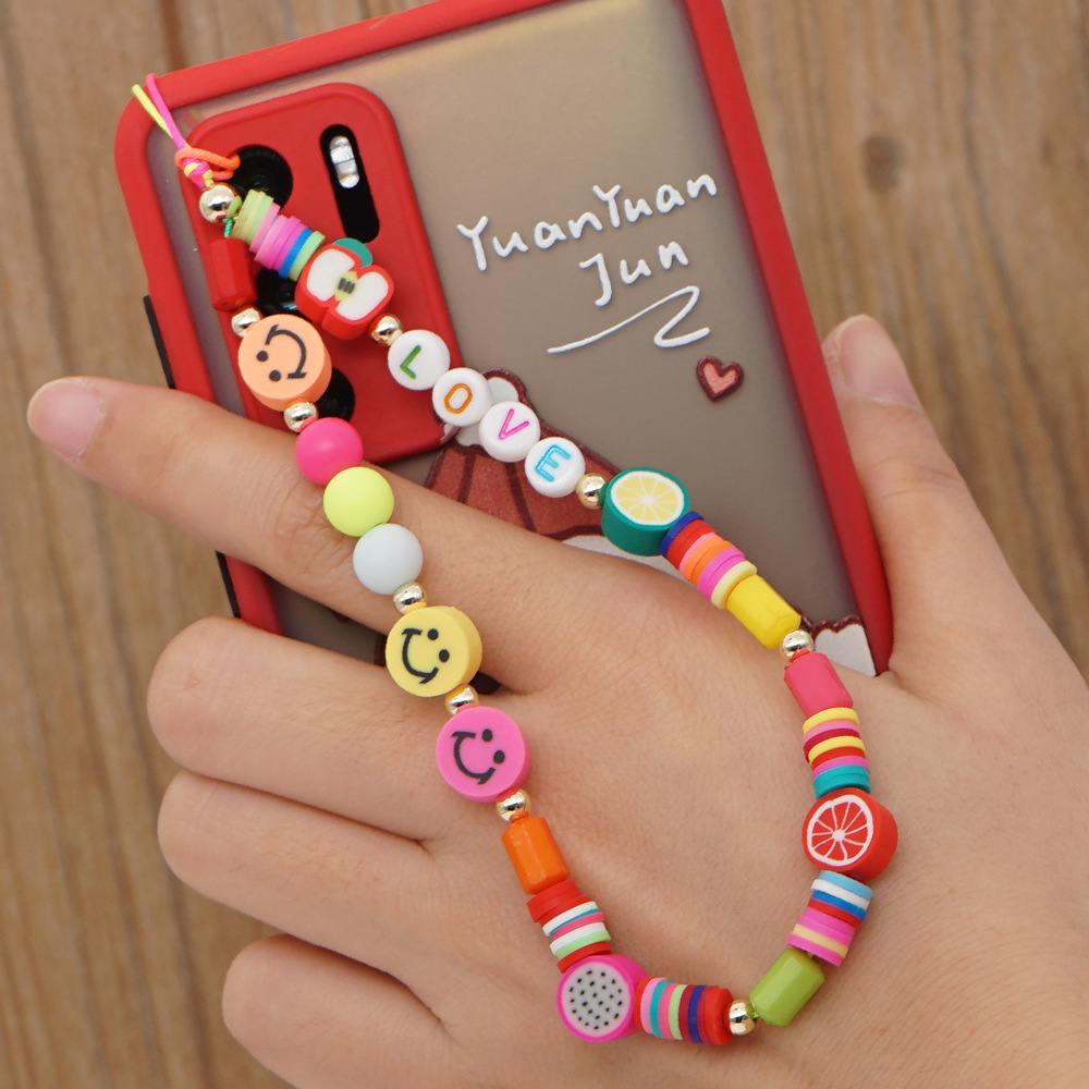 Mobile phone hanging jewelry Bohemian colored pottery LOVE letter beaded antilost mobile phone chainpicture1