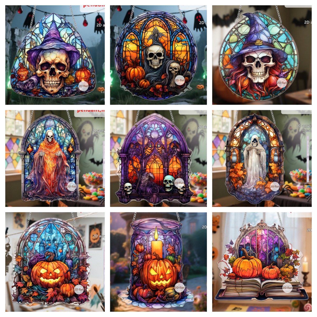 Decoración de Halloween transfronteriza cabeza de calabaza malvada 2D acrílico disco colgante ventanas de color porche colgante