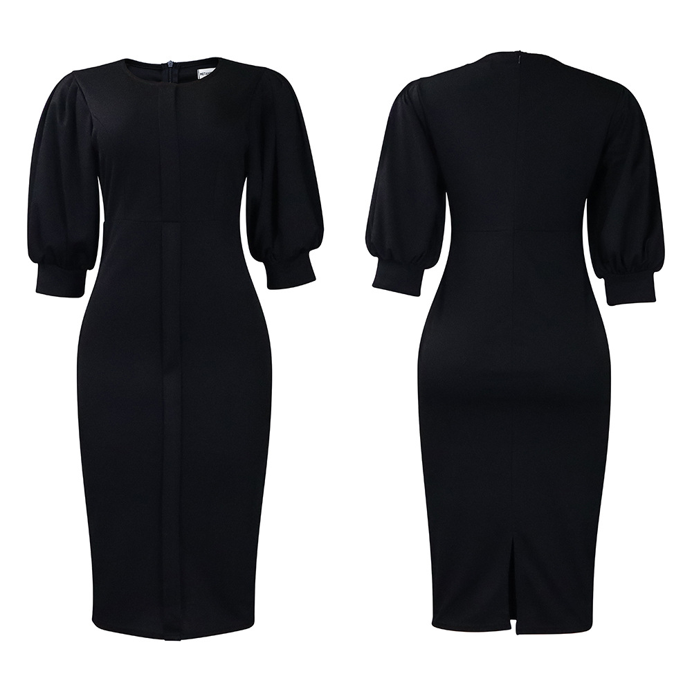 Women's Sheath Dress Elegant Round Neck Pleated 3/4 Length Sleeve Solid Color Knee-length Banquet display picture 7