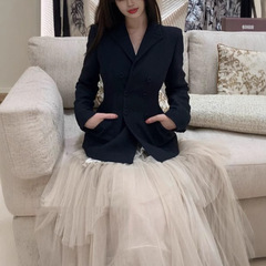【经典再现】Lady八轮廓 黑色收腰西装女双排扣风衣外套短款