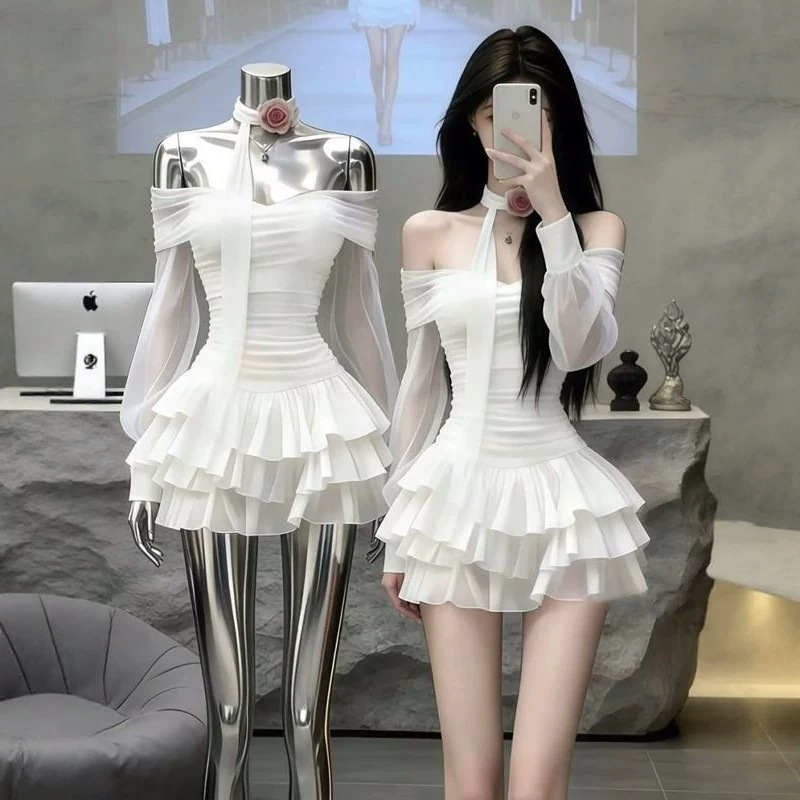 White off-shoulder ruffle long-sleeve dress for women, new autumn and winter princess-style party dress, cake-style puffy skirt