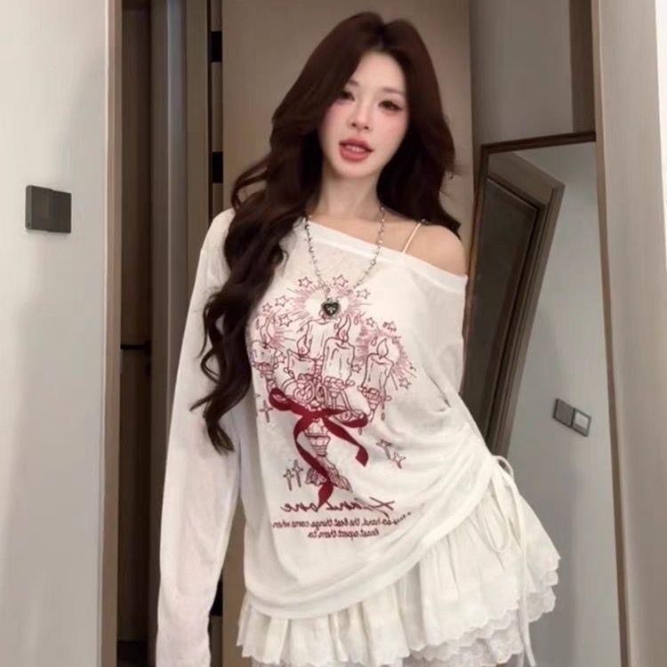 Thin Printed Blouse with American-Style Long Sleeves, Graffiti Design, Off-Shoulder, Summer Loose Fit, Niche Drawstring Spicy Girl Top Thin Printed Blouse with American-Style Long Sleeves, Graffiti Design, Off-Shoulder, Summer Loose Fit, Niche Drawstring Spicy Girl Top