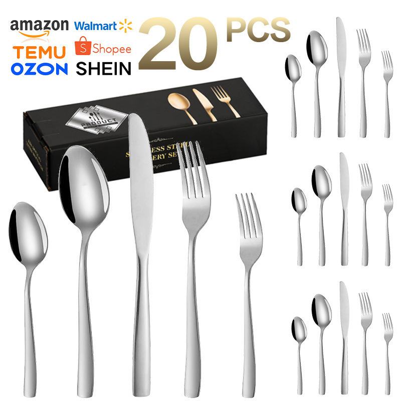 Vajilla de acero inoxidable con cuerpo desnudo de mango cuadrado TEMU transfronterizo para banquetes de boda hotel bistec cuchillo y tenedor comida occidental cuchillo, tenedor y cuchara juego de 20 piezas