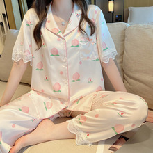 水蜜桃蕾丝睡衣女夏款冰丝滑高级感网红短袖长裤甜美家居套装批发