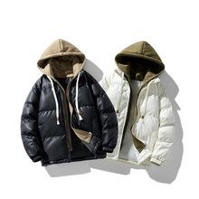 冬季新款棉衣外套青少年加厚连帽棉服假两件潮流休闲纯色保暖男装