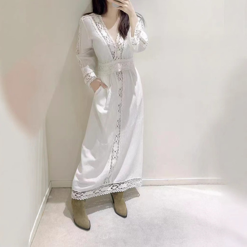 French IS Home 2025 Early Spring New Vacation Style Embroidered Lace V-Neck Long Sleeve Waisted Long dress