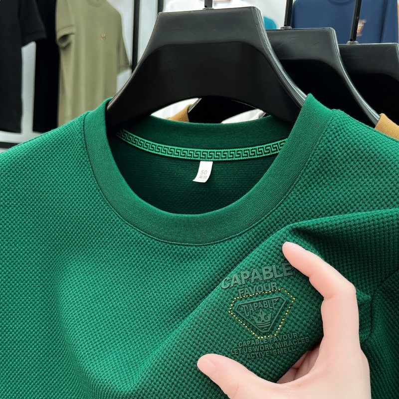男性の绢糸の長袖のtシャツの中年の丸首の春秋の金のカジュアルな紳士服のゆったりしているプリントのtシャツの震え音は代行します。|undefined