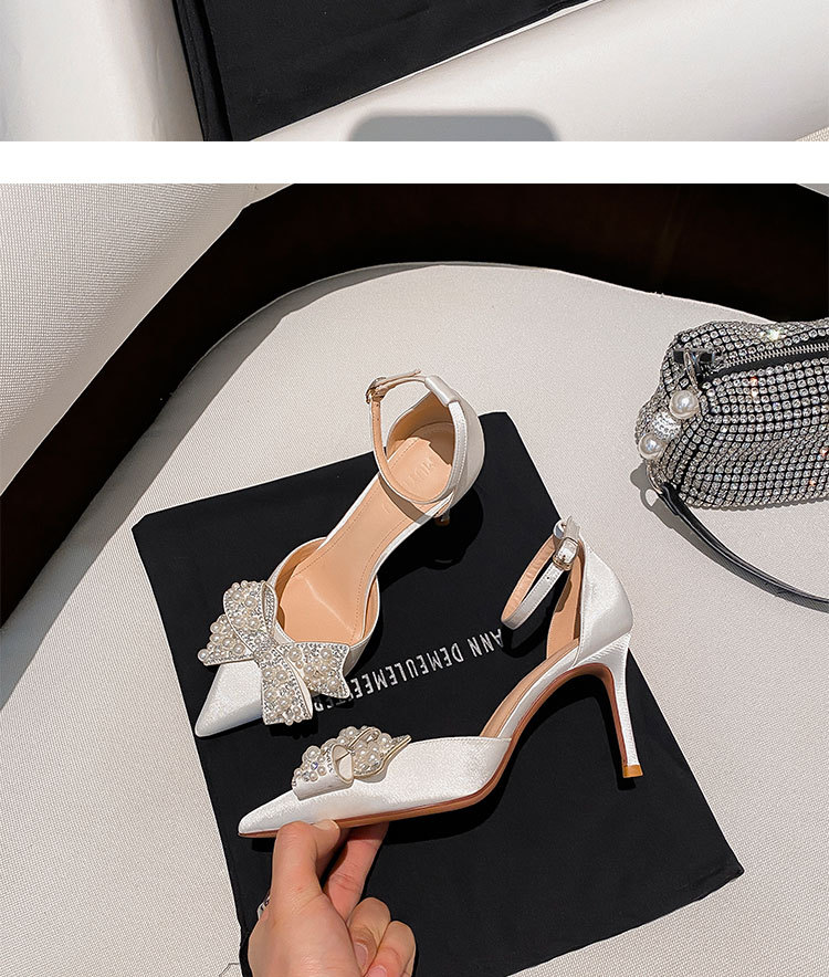 Z-52 Fiocco con diamanti Fata Bianco a punta alta Tacco sottile Singolo raso damigella d'onore Scarpe da sposa Sandali temperamento_voghion.com