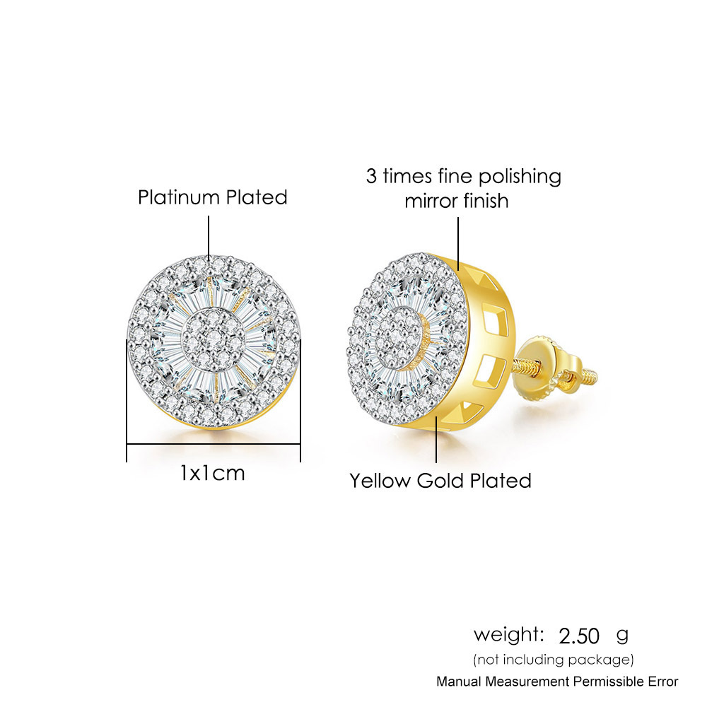 Popular Hip Hop Zircon Stud Earrings Men's And Women's Full Diamond Gold Plated Threaded Earrings Stud Earrings_voghion.com