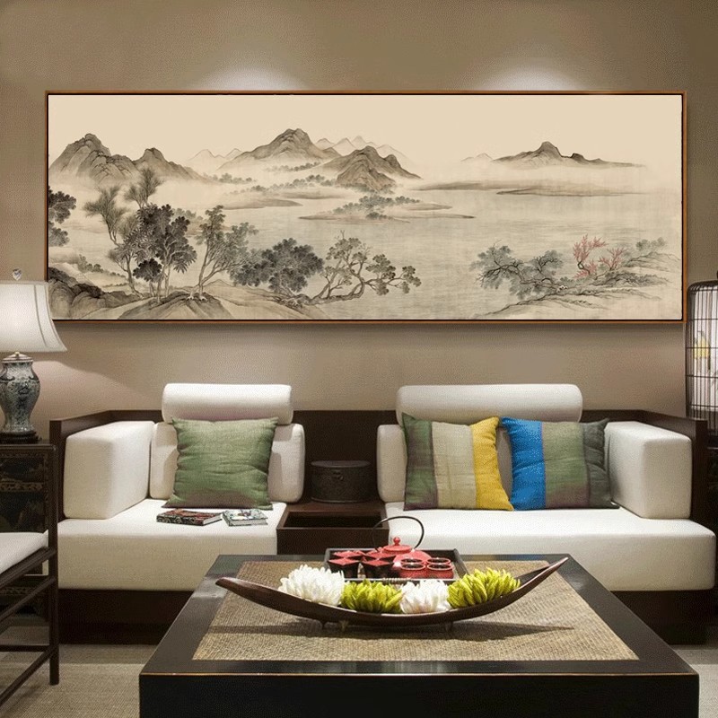 New Chinese Style Sofa Background Wall Decoration Painting Living Room Feng Shui Mountain Chinese Painting Landscape Ink Hanging Painting Large Size Mural