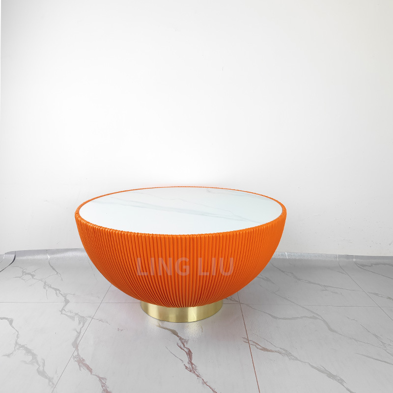 Mesa de centro de sala de estar moderna de lujo ligero nórdico, tamaño de apartamento pequeño doméstico, placa de roca redonda en forma de cuenco, mesa de centro pequeña redonda, estilo crema
