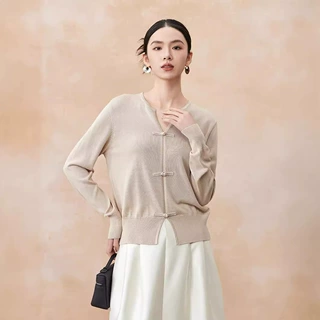 严选秋季新品纯色新中式针织衫女桑蚕丝气质优雅通勤 V领打底上衣