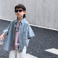 Children's Short Sleeve Denim Shirt Jacket 2024 Summer Korean Style Medium and Large Children's Boys and Babies Half Sleeve Shirt Wholesale