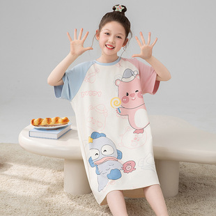 Children's Nightgown Women's Summer Short-Sleeved 100% Cotton Thin Baby Medium-Sized Kidsren Little Girls Girls Home Clothes Pure Cotton